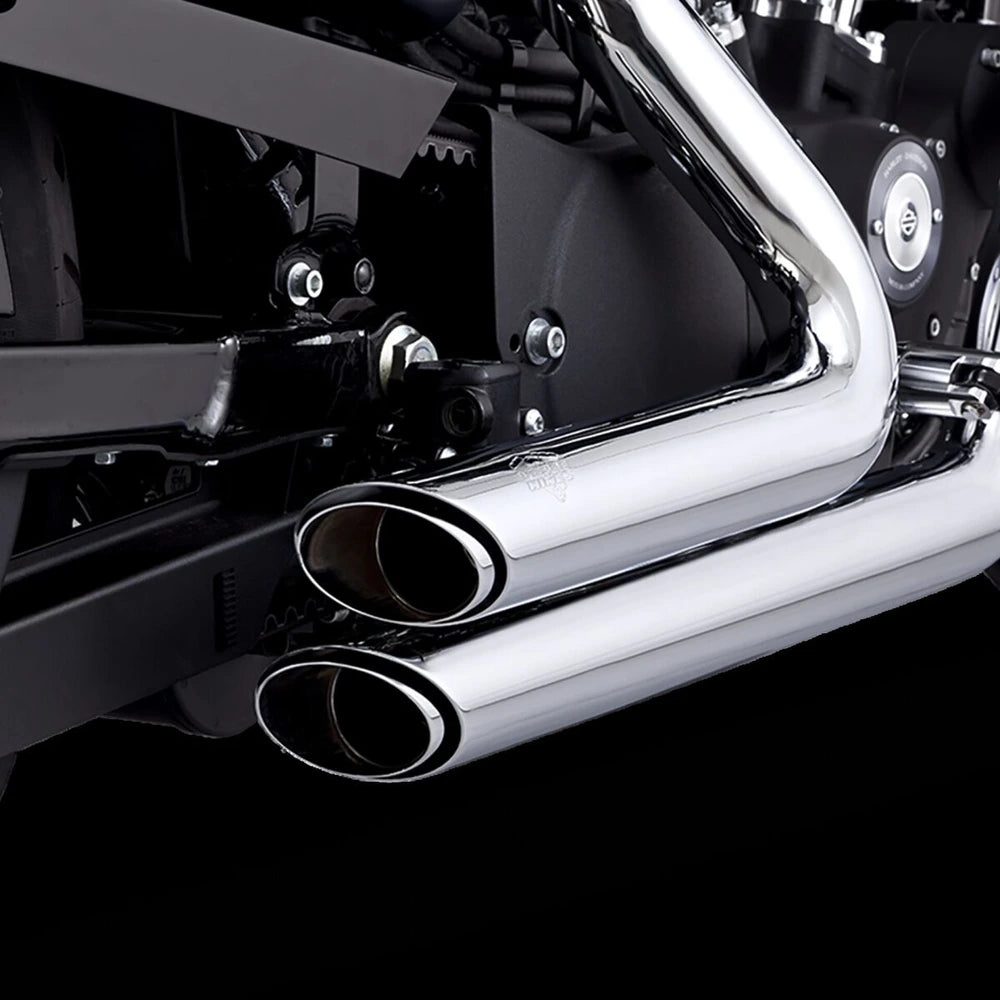 Harley-Davidson Softail (86-09) Shortshots Staggered Exhaust System Chrome komplet udstødning, krom – Vance & Hines – nærbillede af rørføring og varmeskjold 5