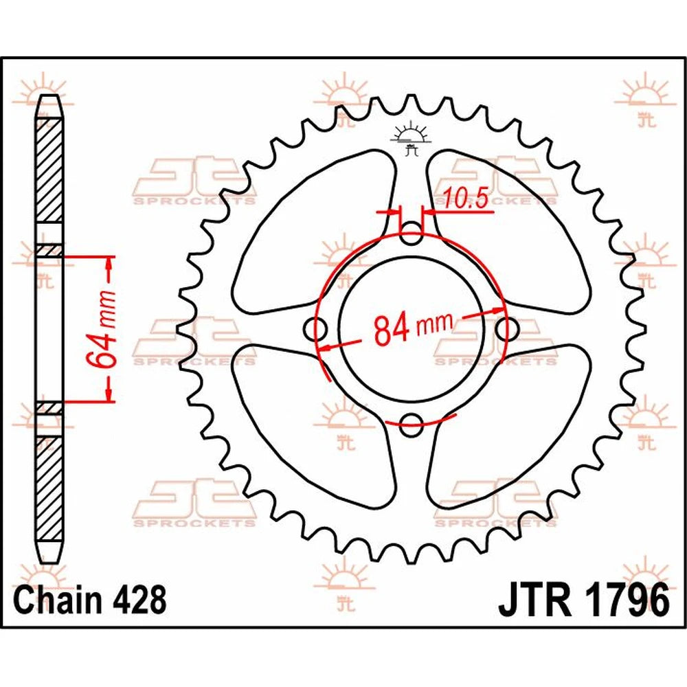 Bagtandhjul 51T, 428 – stål, JTR1796.51 – JT Sprockets – teknisk målskitse