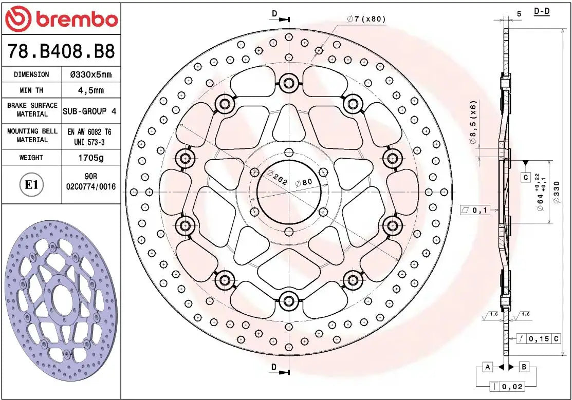 Måltegning og tekniske mål for Aprilia TUONO V4 1100 RR Factory 17-22 bremseskive – Brembo Oro flydende