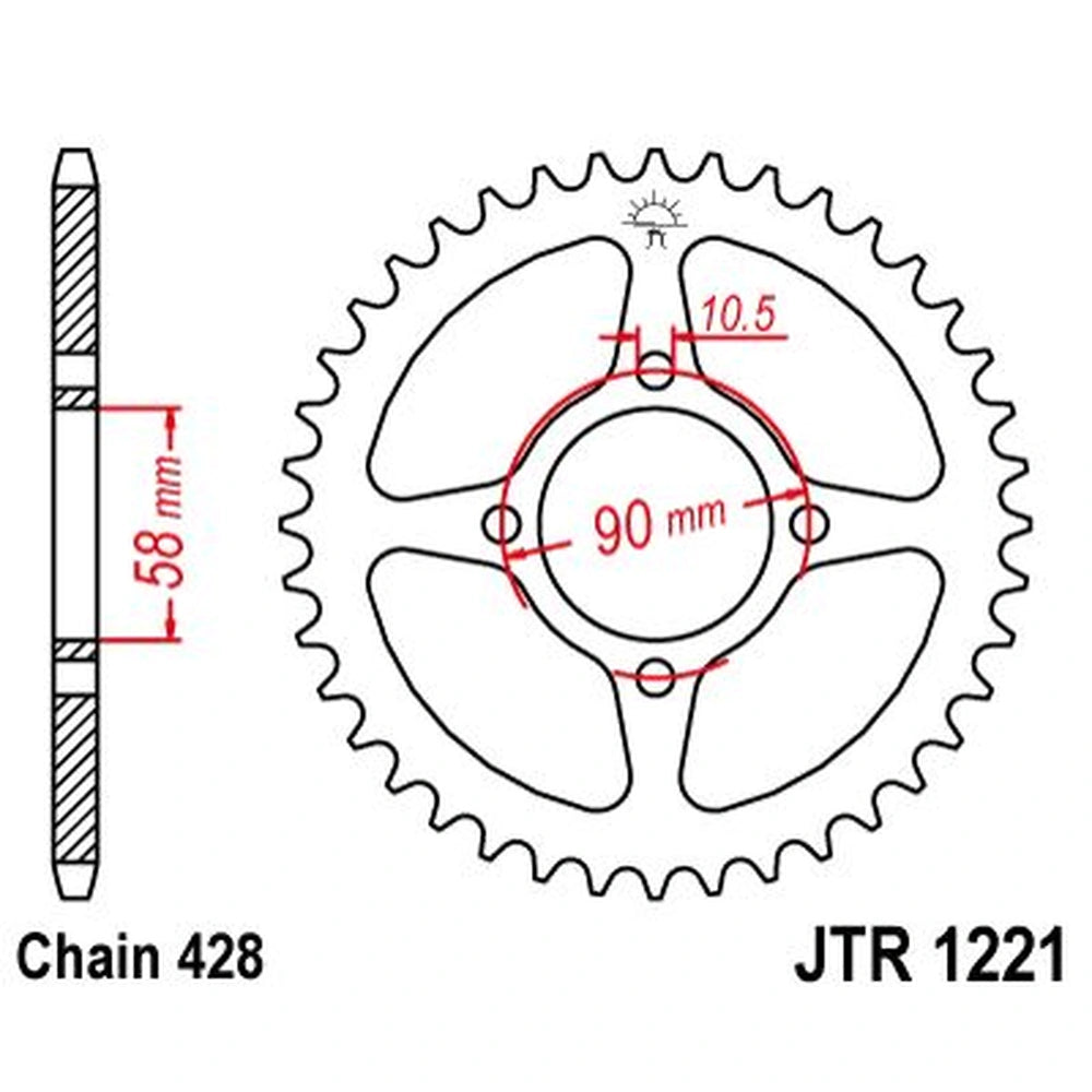 Bagtandhjul 45T, 428 – stål, JTR1221.45 – JT Sprockets – teknisk målskitse
