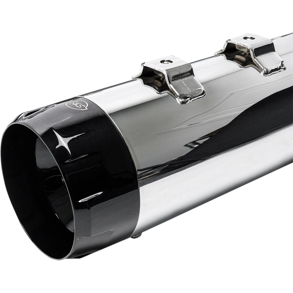Harley-Davidson Touring / Trike (17-25) 4-1/2" MK45 Performance Mufflers, krom, Thruster end cap, sort / poleret end cap – S&S Cycle – alternativ vinkel 3
