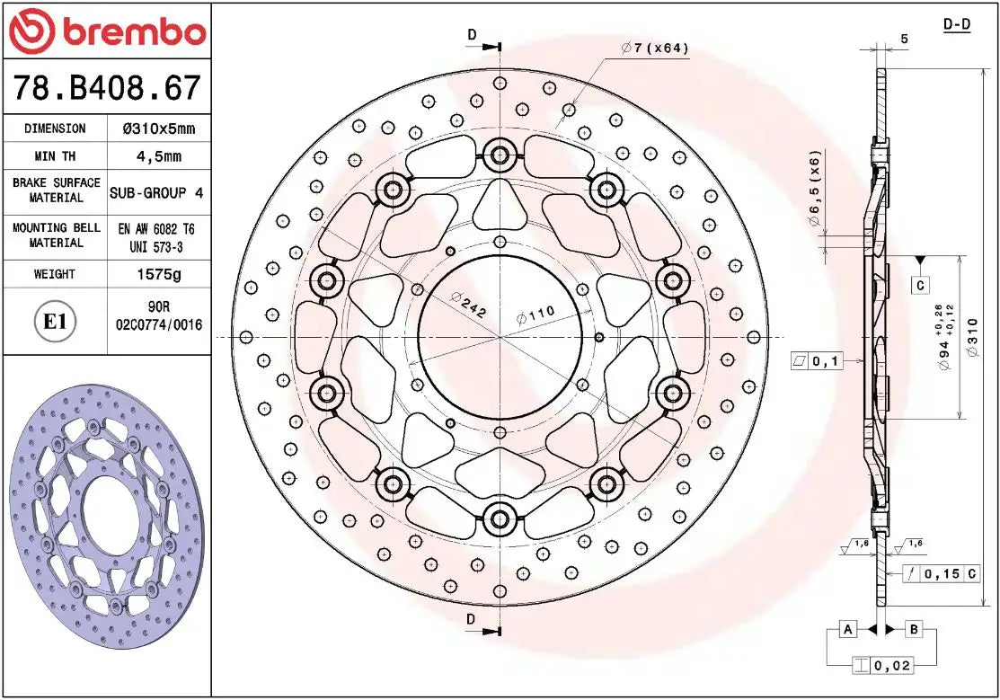 Måltegning og tekniske mål for Honda CB1000R 08-16 bremseskive – Brembo Oro flydende