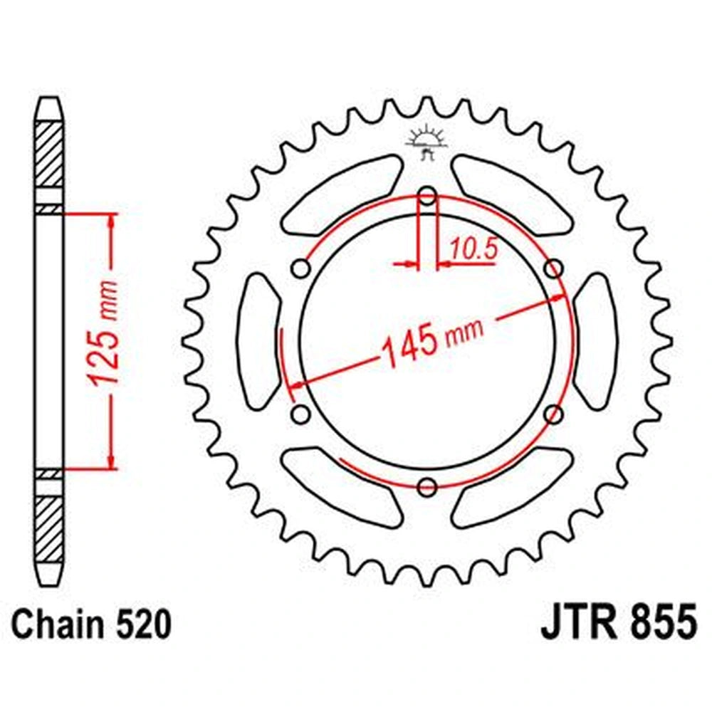 Bagtandhjul 45T, 520 – stål, JTR855.45ZBK – JT Sprockets – teknisk målskitse