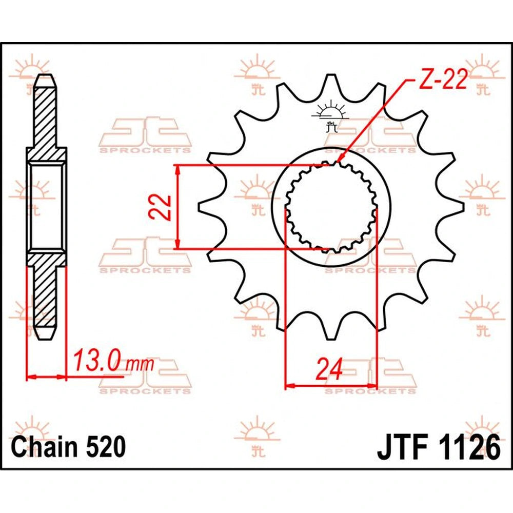 Fortandhjul 16T, 520 – stål, JTF1126.16 – JT Sprockets – teknisk målskitse