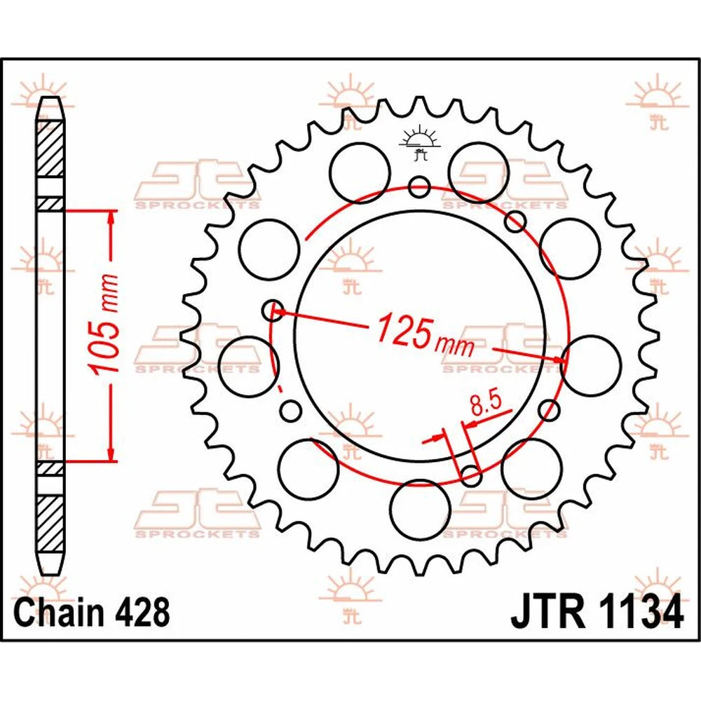 Bagtandhjul 48T, 428 – stål, JTR1134.48 – JT Sprockets – teknisk målskitse