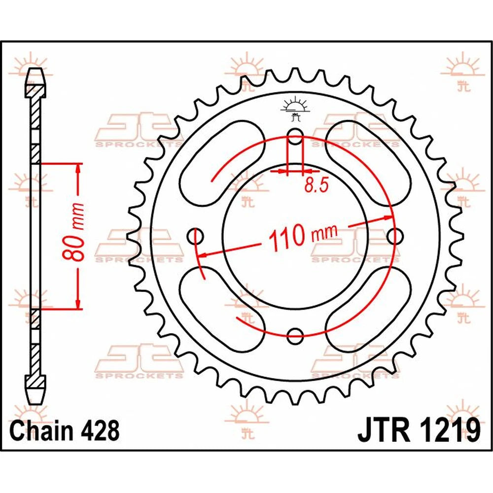 Bagtandhjul 42T, 428 – stål, JTR1219.42 – JT Sprockets – teknisk målskitse