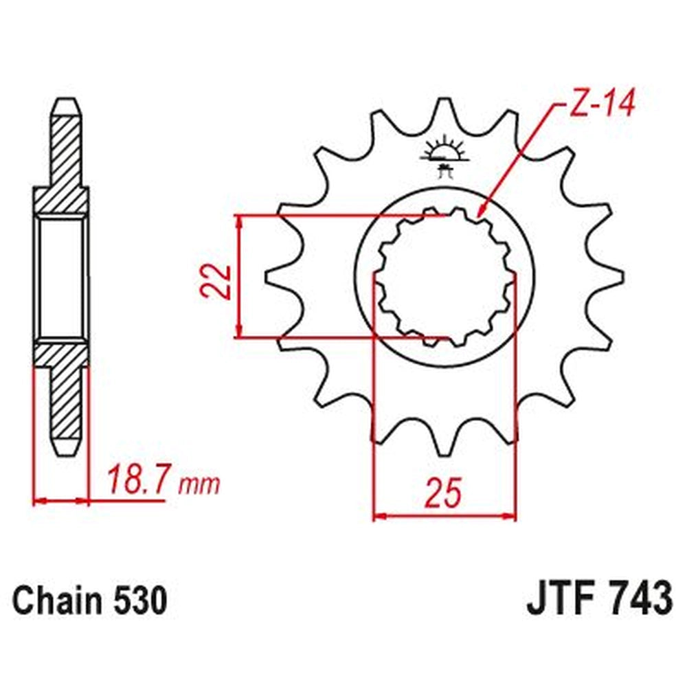 Fortandhjul 15T, 530 – stål, JTF743.15 – JT Sprockets – teknisk målskitse