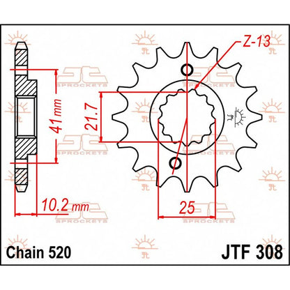 Fortandhjul 14T, 520 – stål, JTF308.14 – JT Sprockets – teknisk målskitse