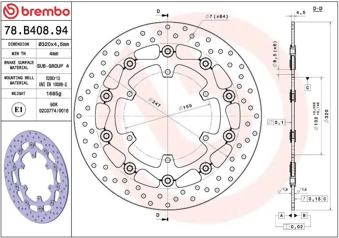 Måltegning og tekniske mål for Yamaha FJR 1300 03-19 bremseskive – Brembo Oro flydende