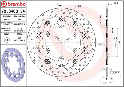 Måltegning og tekniske mål for Yamaha FJR 1300 03-19 bremseskive – Brembo Oro flydende