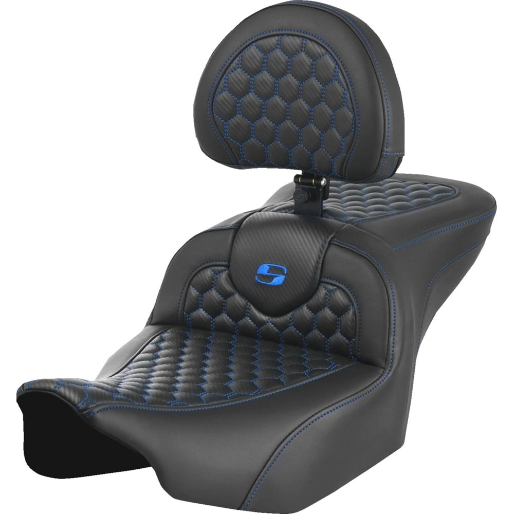 Harley-Davidson Touring (23-26) Roadsofa 2-up sæde Honeycomb blå syning med førerryglæn – Saddlemen