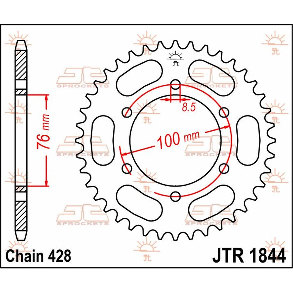 Bagtandhjul 48T, 428 – stål, JTR1844.48 – JT Sprockets – teknisk målskitse