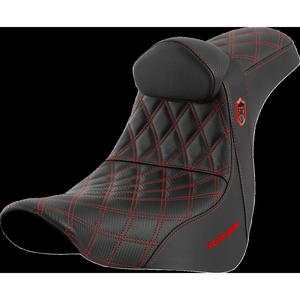 Harley-Davidson Softail (18-26) Pro Series SDC Performance 2-up sæde Black Gripper Lumbar/ Carbon Fiber rød syning med førerryglæn – Saddlemen