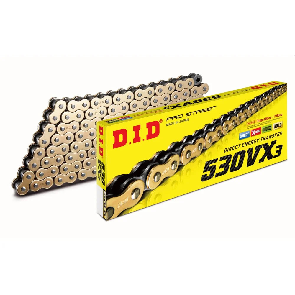 DID 530 VX3 X-Ring MC-kæde, 102 led i guld/stål – til gade, sport og touring