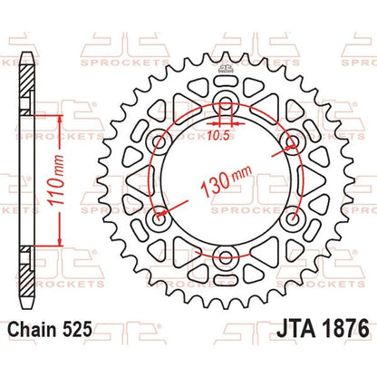 Bagtandhjul 43T, 525 – aluminium, JTA1876.43BLK – JT Sprockets – teknisk målskitse
