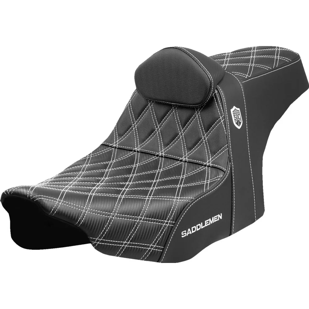 Harley-Davidson Touring (23-26) Pro Series SDC Performance 2-up sæde Black Gripper Lumbar/ Carbon Fiber hvid syning med førerryglæn – Saddlemen