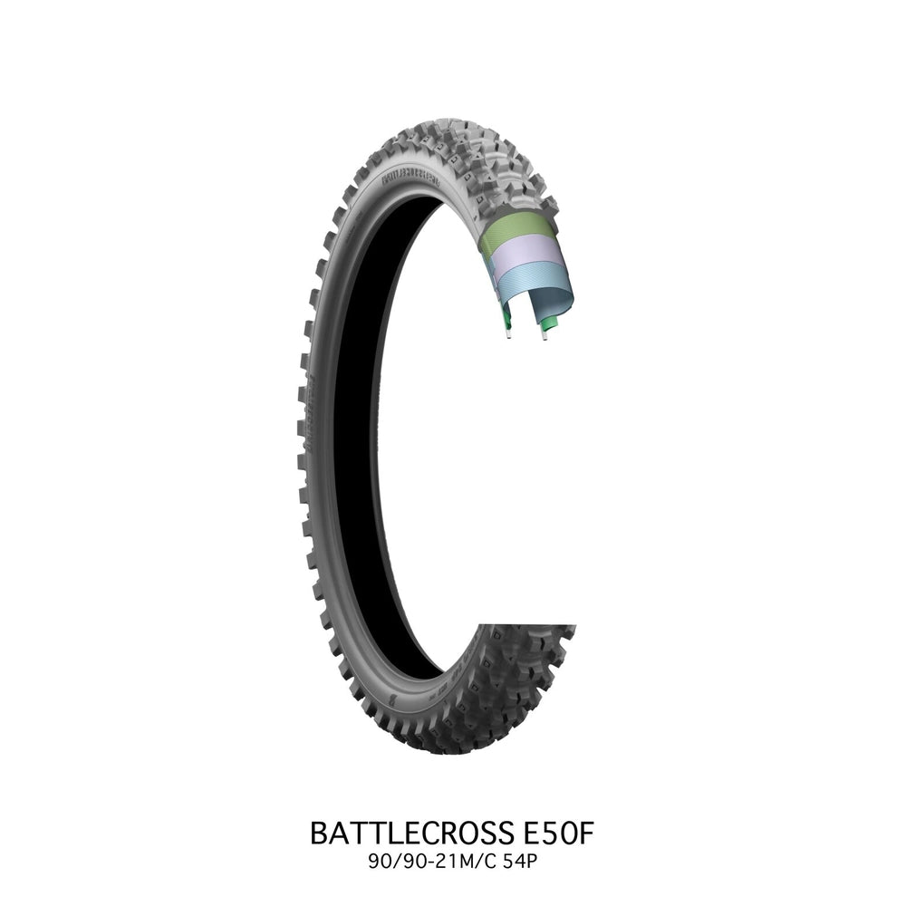 Bridgestone Battlecross E50 90/90-21 54P TT – fordæk – originalt Bridgestone fordæk med stærkt trækgreb og præcis kontrol i enduro. Køb hos Mo2parts.
