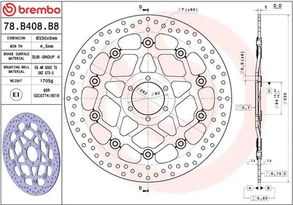 Måltegning og tekniske mål for Aprilia TUONO V4 1100 RR Factory 17-22 bremseskive – Brembo Oro flydende