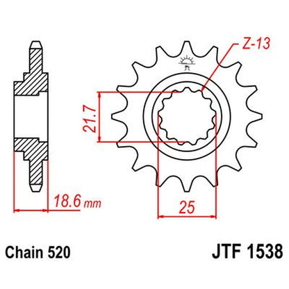 Fortandhjul 13T, 520 – stål, JTF1538.13 – JT Sprockets – teknisk målskitse