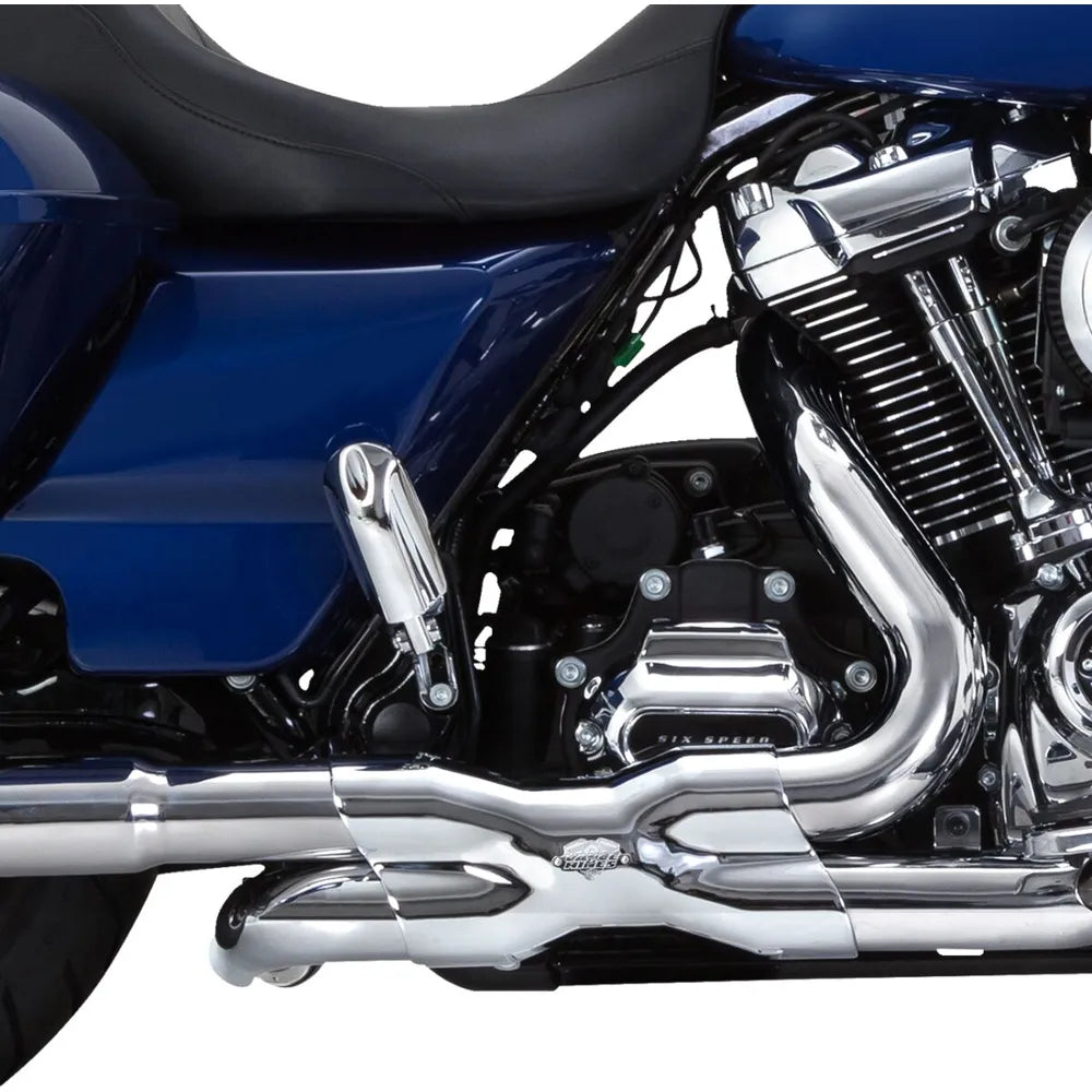 Harley-Davidson Touring (17-25) Power Duals PCX™ forrør, krom – Vance & Hines – nærbillede af rørføring og varmeskjold 5