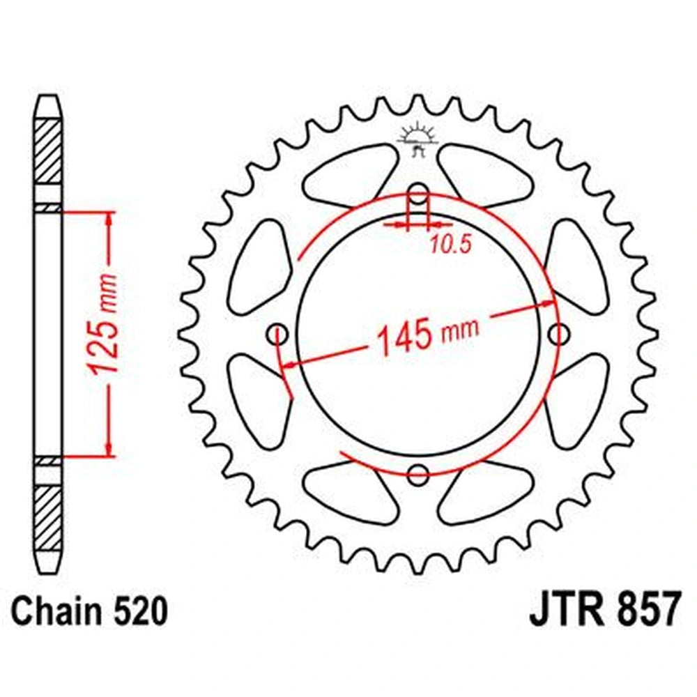 Bagtandhjul 45T, 520 – stål, JTR857.45ZBK – JT Sprockets – teknisk målskitse