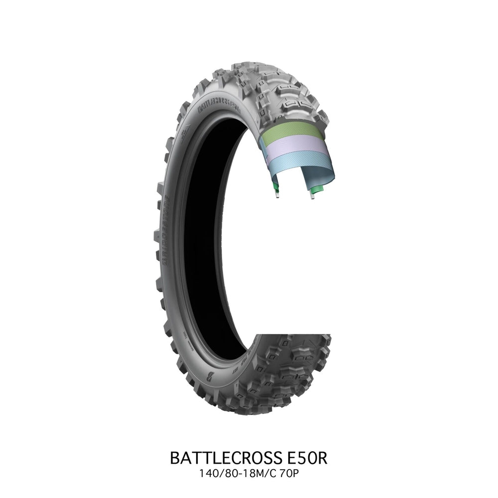 Bridgestone Battlecross E50 120/90-18 65P TT – bagdæk – originalt Bridgestone bagdæk med stærkt trækgreb og præcis kontrol i enduro. Køb hos Mo2parts.