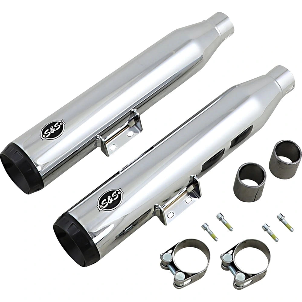 Harley-Davidson Touring / Softail (18-23) Grand National Slip-On Mufflers, krom, Straight-Cut end cap, sort end cap – S&S Cycle – alternativ vinkel 3