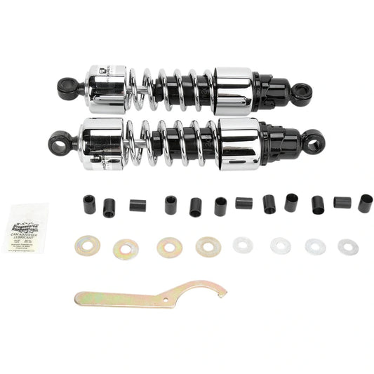 412 Cruiser Series støddæmpersæt, 330 mm, sort/krom, 1,35 kg/mm - 2,15 kg/mm – Progressive Suspension støddæmper til mere kontrol og komfort