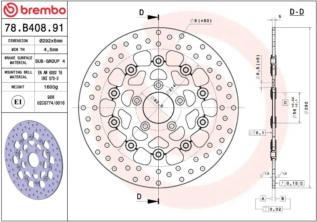 Måltegning og tekniske mål for Harley-Davidson XL 1200 C Sportster Custom 04-13 bremseskive – Brembo Oro flydende