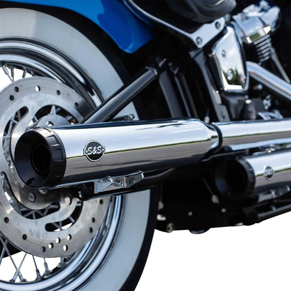 Harley-Davidson Touring / Softail (18-23) Grand National Slip-On Mufflers, krom, Straight-Cut end cap, sort end cap – S&S Cycle – ekstra produktvisning 2