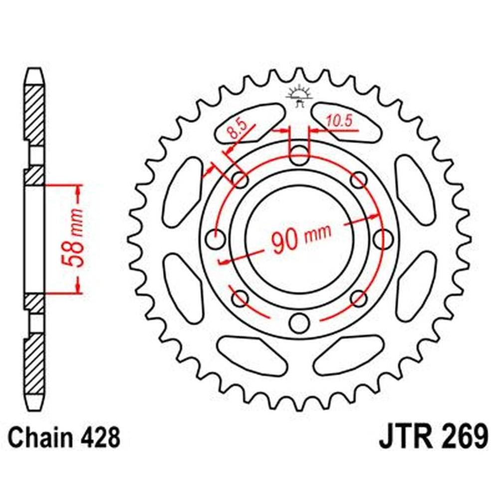 Bagtandhjul 52T, 428 – stål, JTR269.52 – JT Sprockets – teknisk målskitse