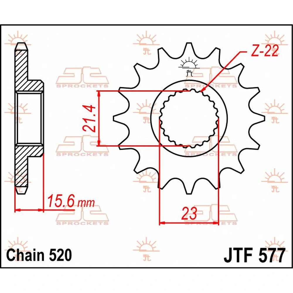 Fortandhjul 14T, 520 – stål, JTF577.14 – JT Sprockets – teknisk målskitse