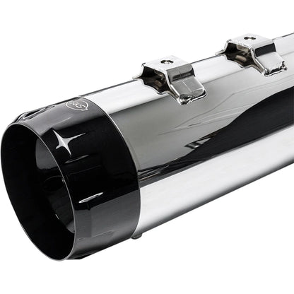 Harley-Davidson Touring / Trike (17-25) 4-1/2" MK45 Performance Mufflers, krom, Thruster end cap, sort / poleret end cap – S&S Cycle – alternativ vinkel 3
