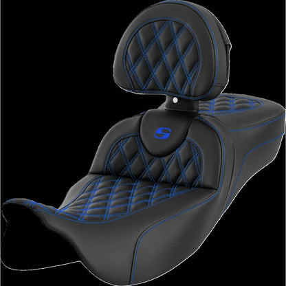 Harley-Davidson Touring (08-24) Roadsofa 2-up sæde Perforated Blue Stitching/ Lattice Stitched Extended Reach – Saddlemen