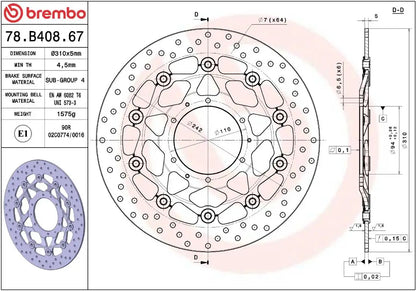 Måltegning og tekniske mål for Honda CB1000R 08-16 bremseskive – Brembo Oro flydende