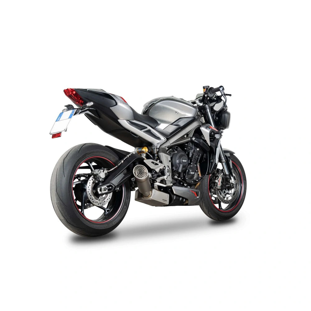 Triumph Street Triple 765 (20-22) GRID-O slip-on, titanium – Spark – produktdetalje fra alternativ vinkel, billede 2