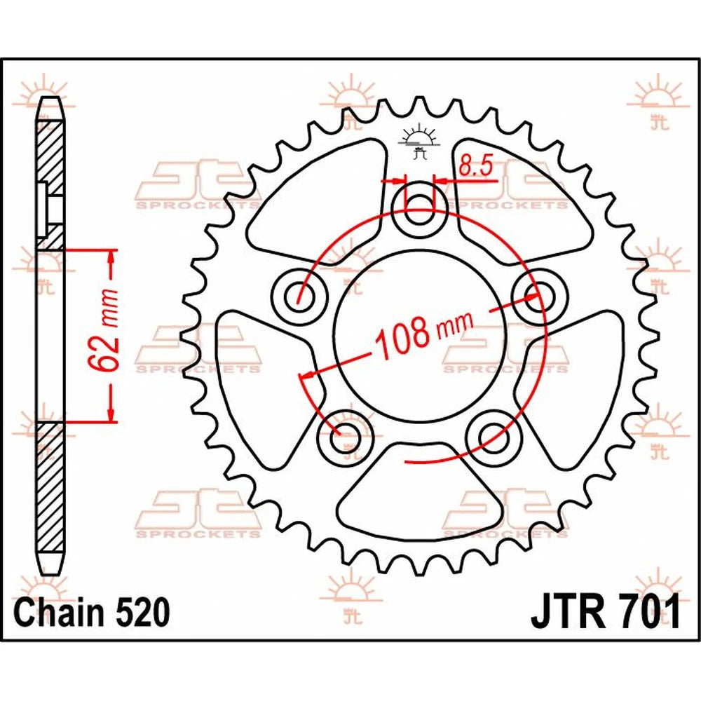 Bagtandhjul 43T, 520 – stål, JTR701.43 – JT Sprockets – teknisk målskitse