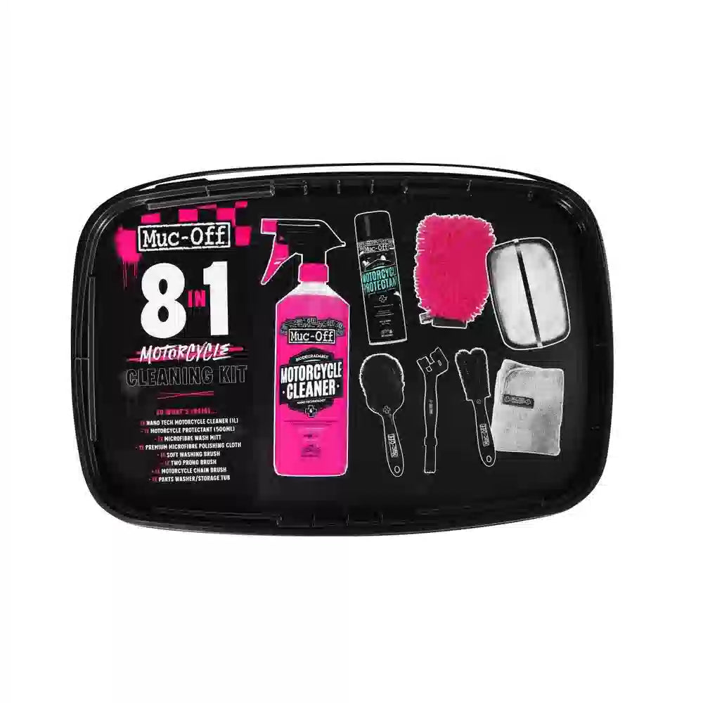 MC rengøringssæt – Muc-Off 8 in 1 Motorcycle Cleaning Kit – 8 in 1 Motorcycle Cleaning Kit organiseret i opbevaringsbakke