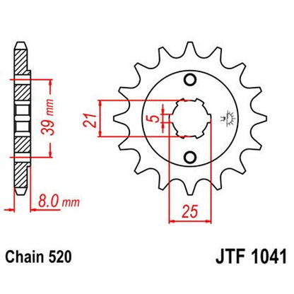Fortandhjul 14T, 520 – stål, JTF1041.14 – JT Sprockets – teknisk målskitse