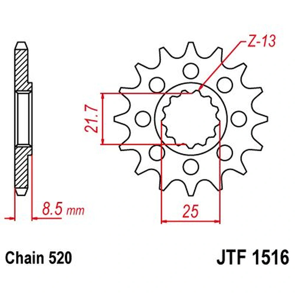 Fortandhjul 14T, 520 – stål, JTF1516.14 – JT Sprockets – teknisk målskitse
