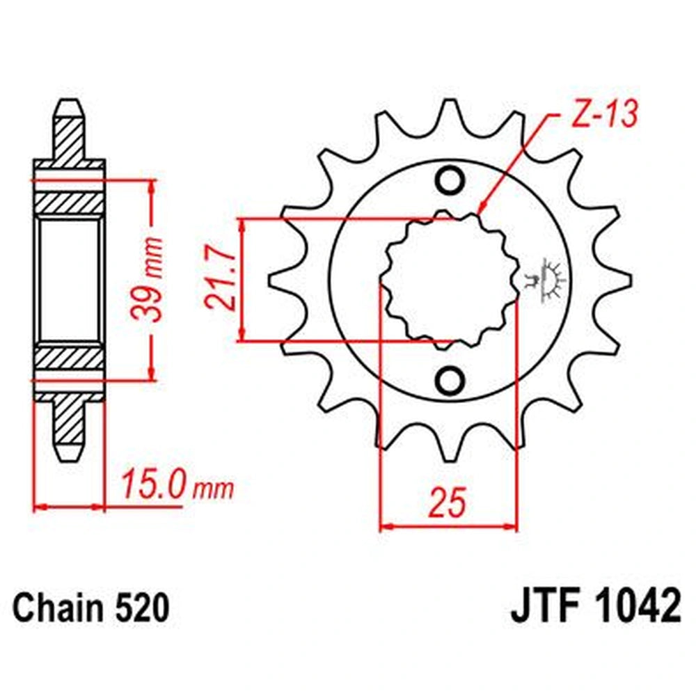 Fortandhjul 16T, 520 – stål, JTF1042.16 – JT Sprockets – teknisk målskitse