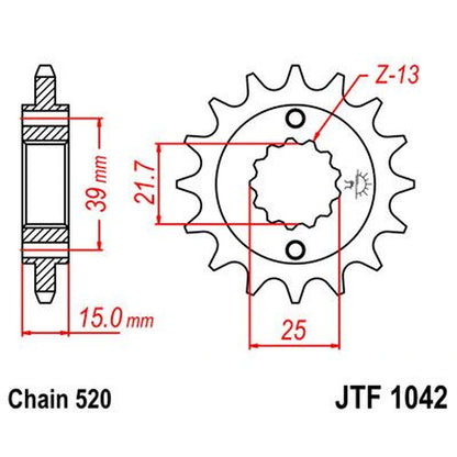 Fortandhjul 16T, 520 – stål, JTF1042.16 – JT Sprockets – teknisk målskitse