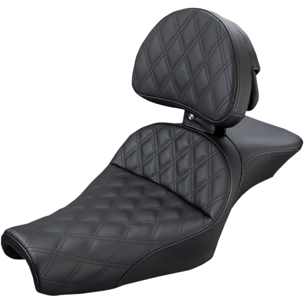 Harley-Davidson Sportster (04-22) Explorer 2-up sæde Lattice Stitch med førerryglæn, 12.5 liter Tank (3.3 US gal.) – Saddlemen – ekstra produktvisning med fokus på form, polstring, syninger og finish – billede 2