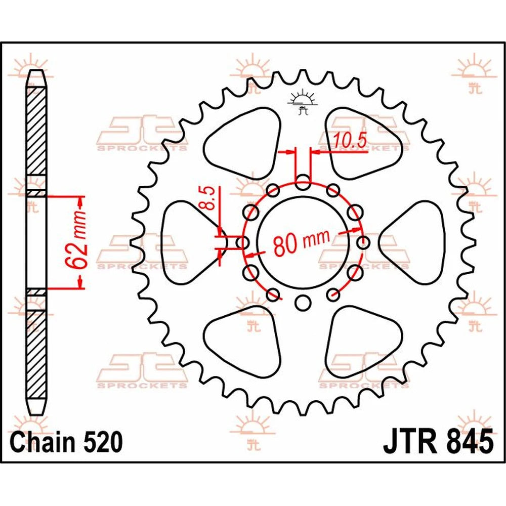 Bagtandhjul 40T, 520 – stål, JTR845.40 – JT Sprockets – teknisk målskitse