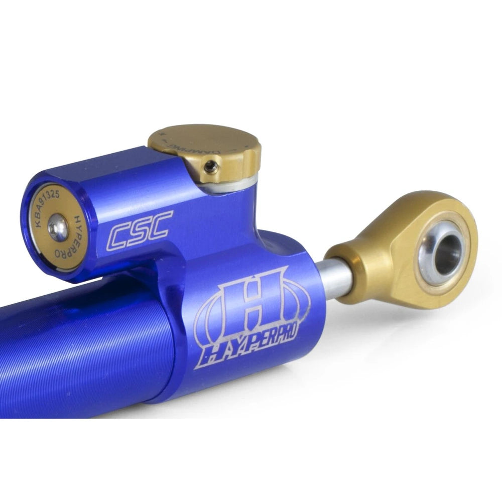 RSC styrdæmper 75 mm, R-version, lilla – justerbar Hyperpro styrdæmper til mere ro og kontrol – detalje af dæmperhus og ledøje