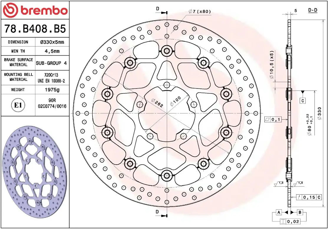 Måltegning og tekniske mål for Kawasaki ZX-10 R 1000 SE Ninja 18-20 bremseskive – Brembo Oro flydende