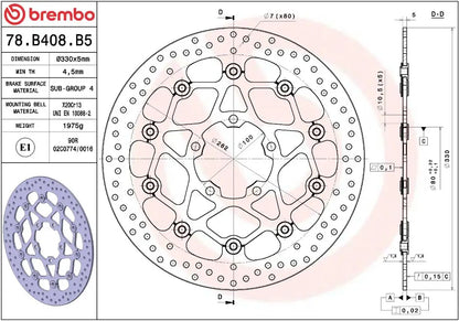 Måltegning og tekniske mål for Kawasaki ZX-10 R 1000 SE Ninja 18-20 bremseskive – Brembo Oro flydende