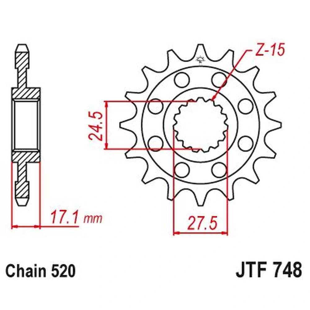 Fortandhjul 15T, 520 – stål, JTF748.15 – JT Sprockets – teknisk målskitse