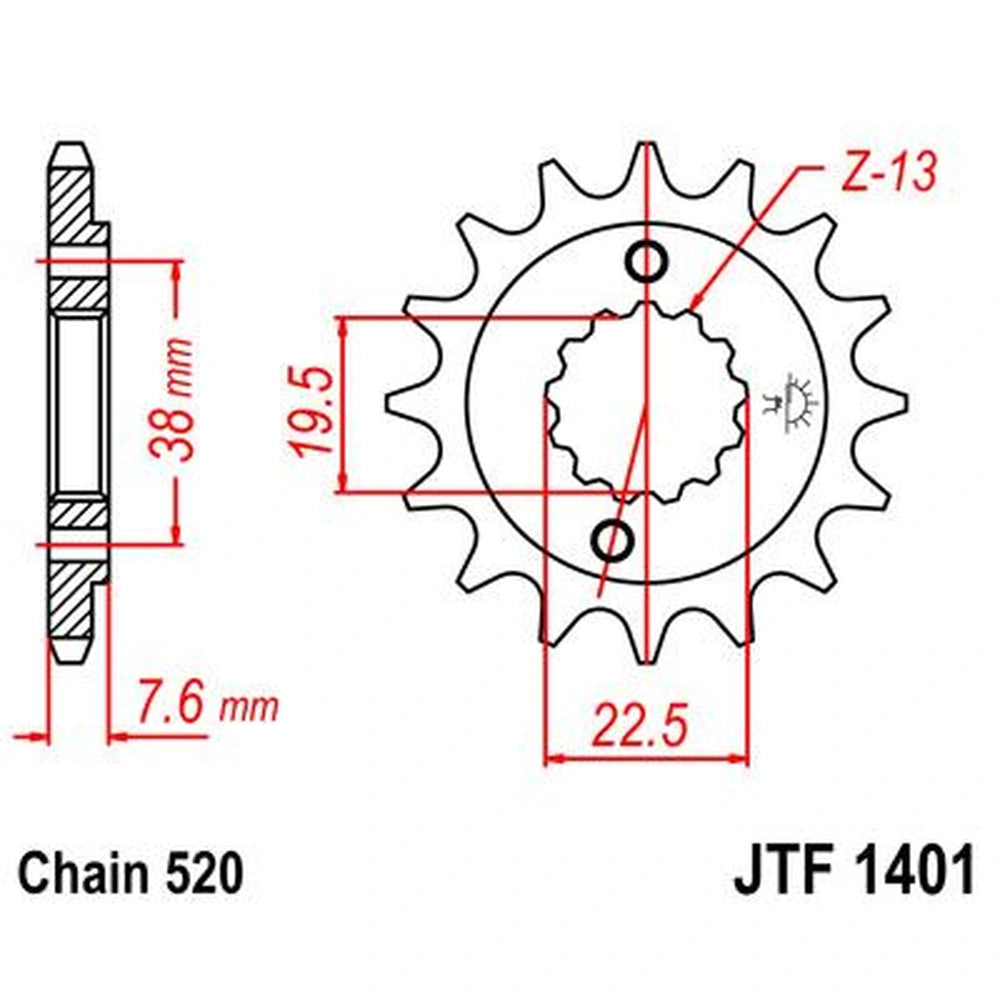 Fortandhjul 16T, 520 – stål, JTF1401.16 – JT Sprockets – teknisk målskitse