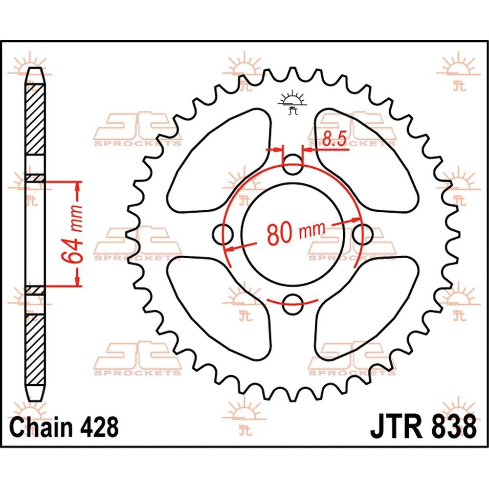 Bagtandhjul 39T, 428 – stål, JTR838.39 – JT Sprockets – teknisk målskitse